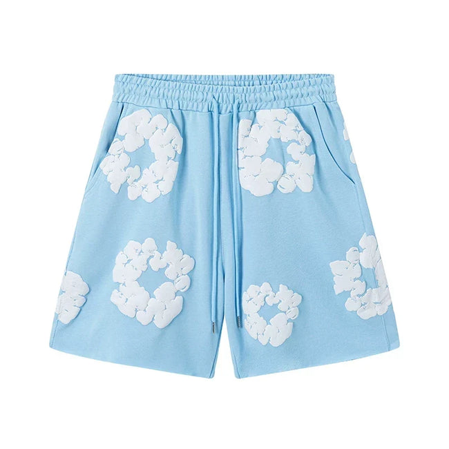 Denim Tears Cotton Wreath Graphic Shorts - Light Blue / Relaxed Streetwear Fit Hover Image