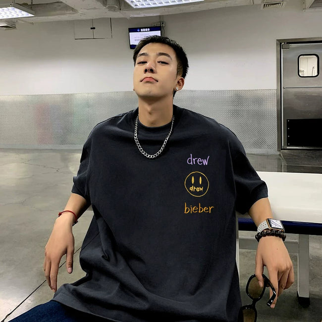 Drew BIEBER Smiley Love Flame Niche Trendy Brand Unisex Cotton Loose and Versatile FG Short Sleeve T-shirt (2) Hover Image
