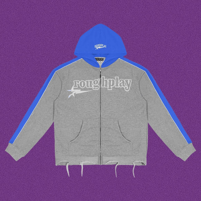Roughplay Straight Logo Track Zip-Up Hoodie - Light Grey/Royal Blue Hover Image