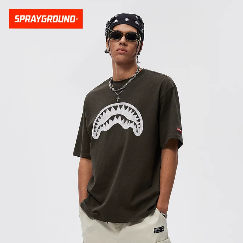 SprayGround Shark Mouth 2026 Graffiti Printed Short sleeved Men's and Women's Loose T-shirt Top Summer