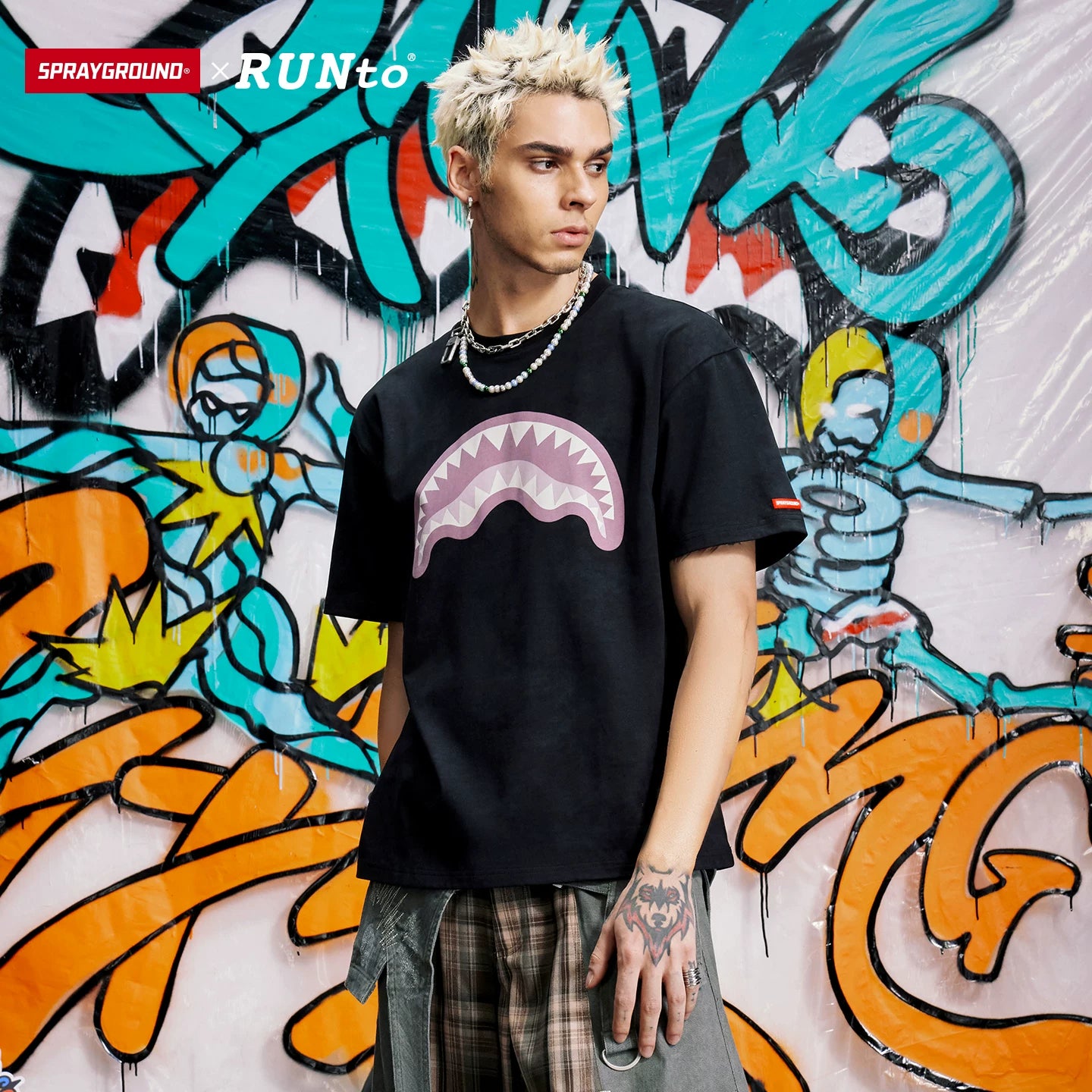 SPRAYGROUP Shark Mouth xRUNto Co branded Washed Used Top with Bear Print Fun Short Sleeve T-shirt