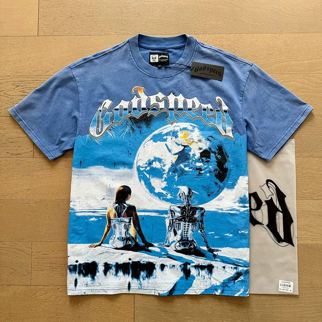 Godspeed Blue Earth Cyborg Robot Graphic Tee Cotton Acid Washed Shirt Hover Image
