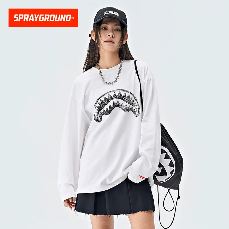 SprayGround 2026 Spring Graffiti Shark Mouth Long Sleeve T-shirt Men's and Women's Loose Versatile Top Base Shirt