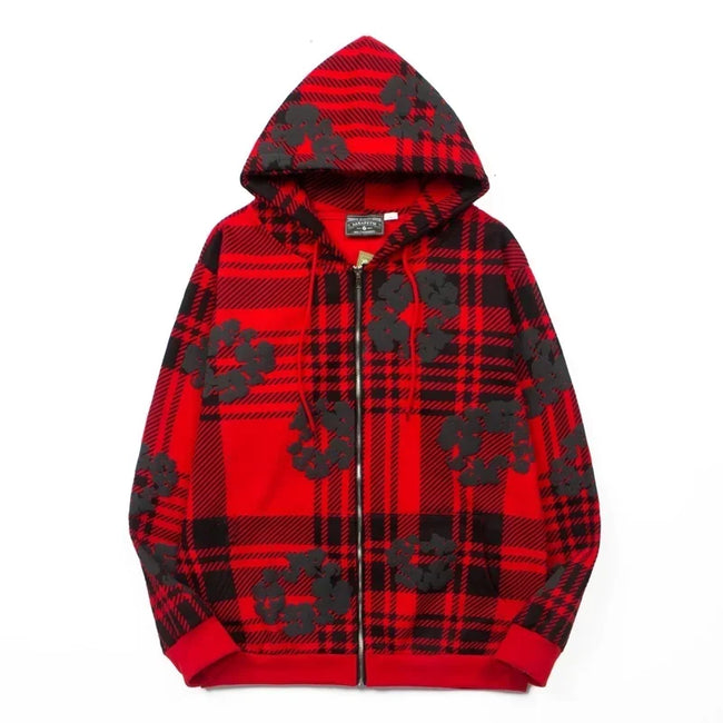"Denim Tears" Plaid Pattern Full-Zip Oversized Hoodie (Red) Hover Image