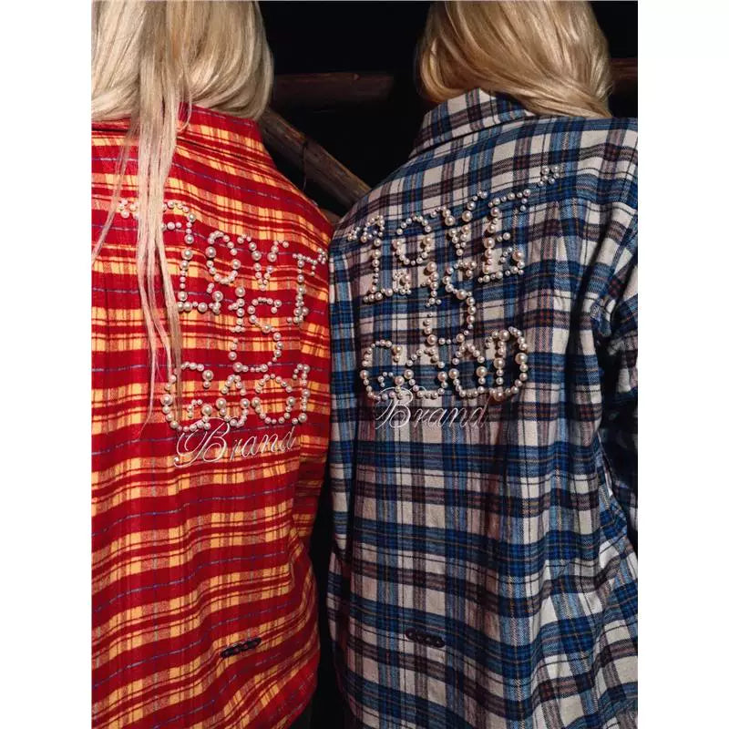 GOODBRAND pearl long sleeved checkered shirt jacket for couples, same style