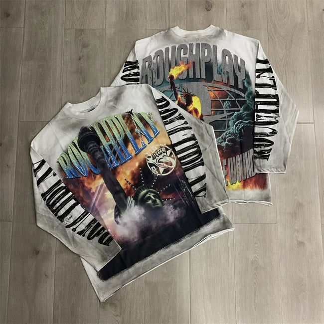 Roughplay Flaming Statue of Liberty Graphic Heavyweight Long-Sleeve Tee - Vintage Grey Hover Image