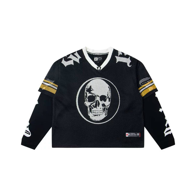 "Godspeed" Layered Mesh Skull Long Sleeve Jersey (Black/Yellow) Hover Image