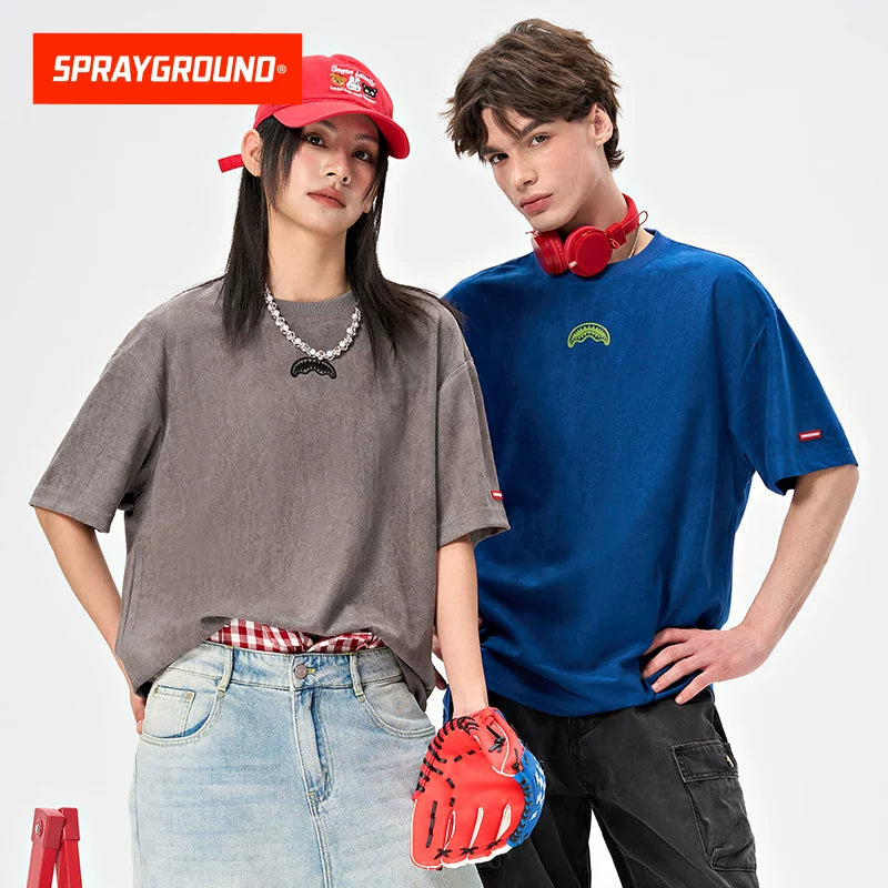 SprayGround Shark Mouth Casual Men's and Women's T-shirts American Trendy Suede Loose T-shirt Short Sleeve Top Summer