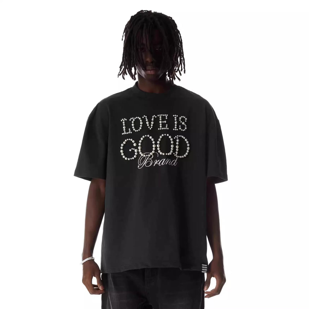 Pearl welcomes good luck GOODBRAND light luxury LOVE IS GOOD pearl slogan short sleeved T-shirt for couples