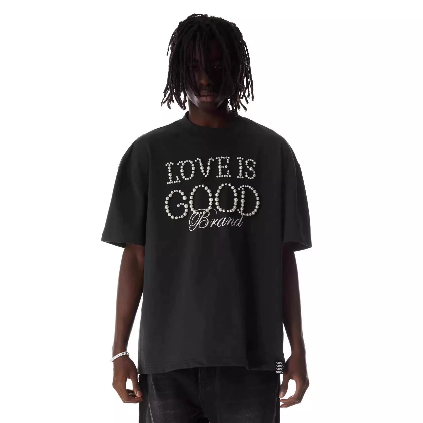 Pearl welcomes good luck GOODBRAND light luxury LOVE IS GOOD pearl slogan short sleeved T-shirt for couples