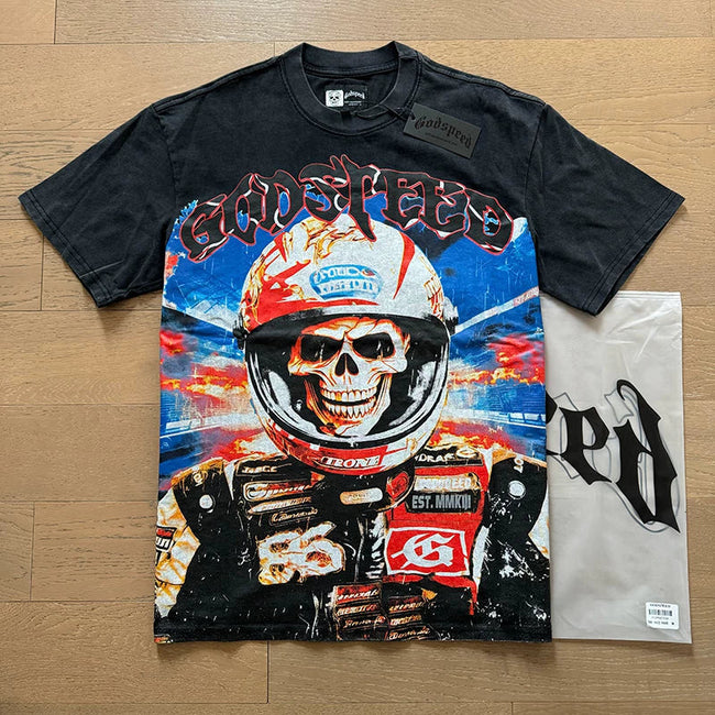 Godspeed Motorcycle Biker Racing Skull Graphic Tee Cotton Acid Washed Shirt Hover Image