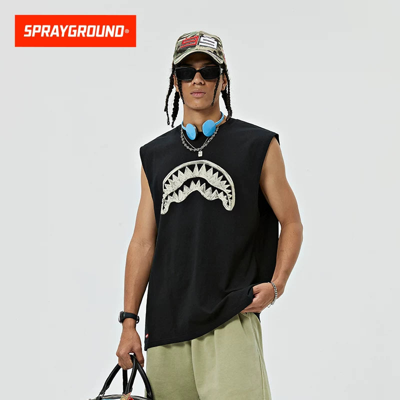 SprayGround Shark Mouth 2025 Summer Printed Tank Top for Men and Women, Made of Cotton, Trendy, Loose, Versatile, and Shoulder