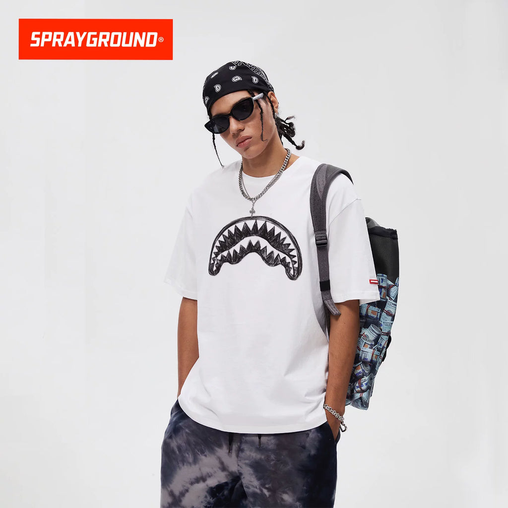 SprayGround Shark Mouth 2026 Graffiti Printed Short sleeved Men's and Women's Loose T-shirt Top Summer