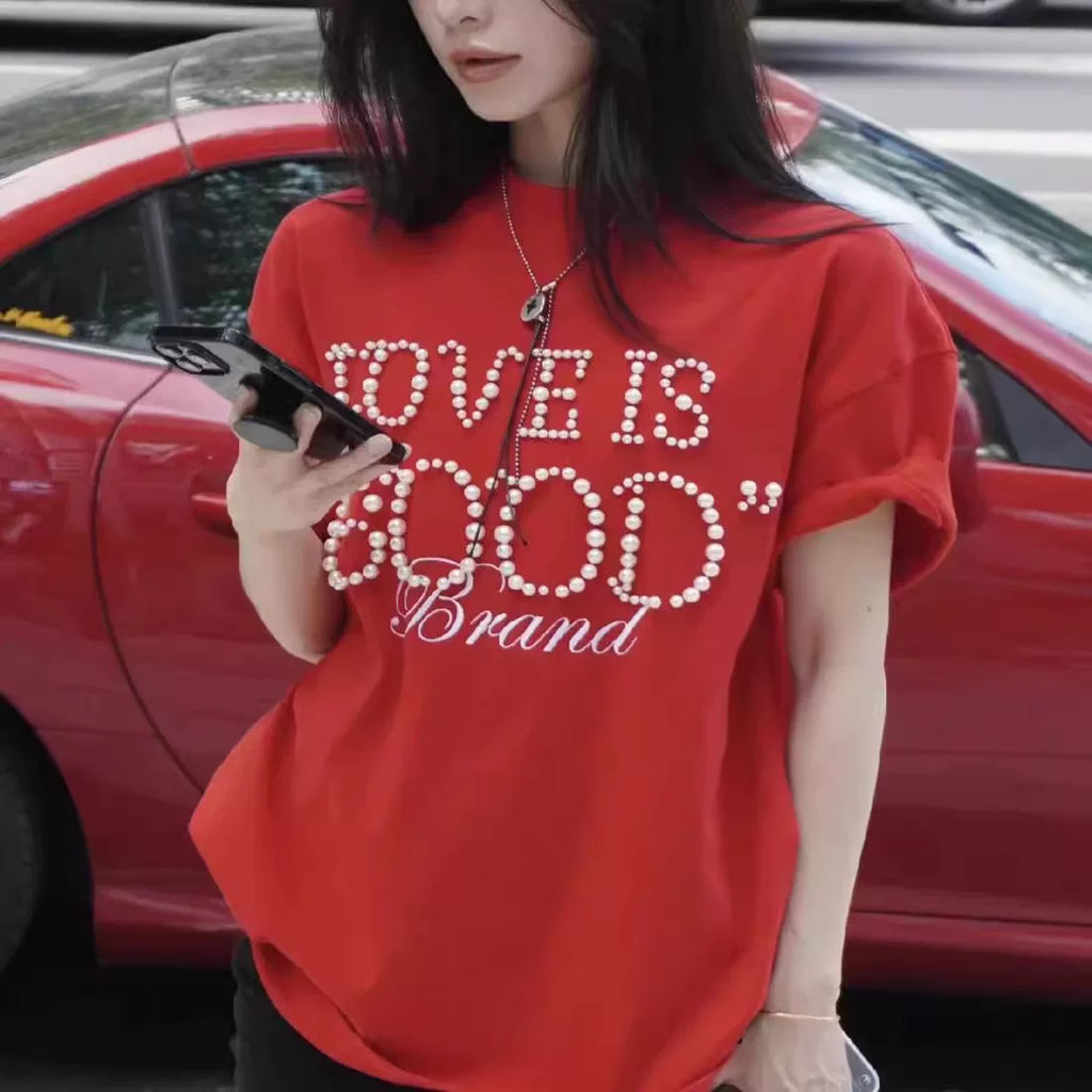Pearl welcomes good luck GOODBRAND light luxury LOVE IS GOOD pearl slogan short sleeved T-shirt for couples