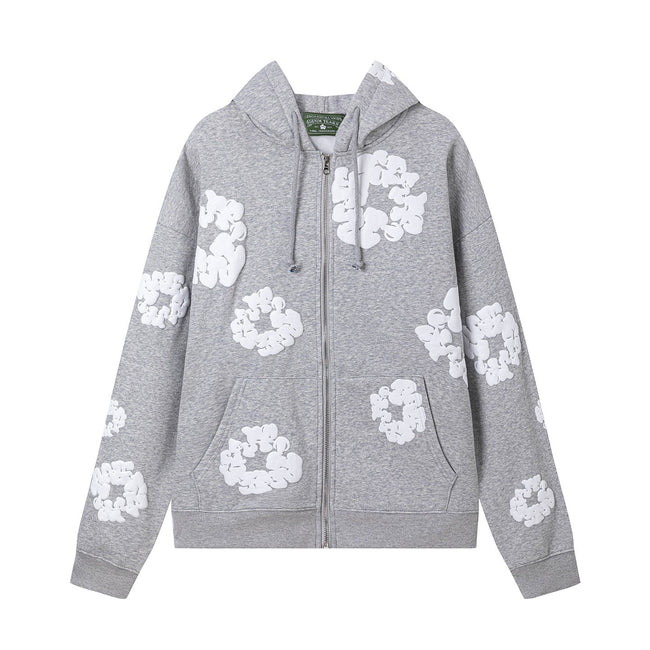 "Denim Tears" Grey Floral Pattern Full-Zip Hoodie Hover Image