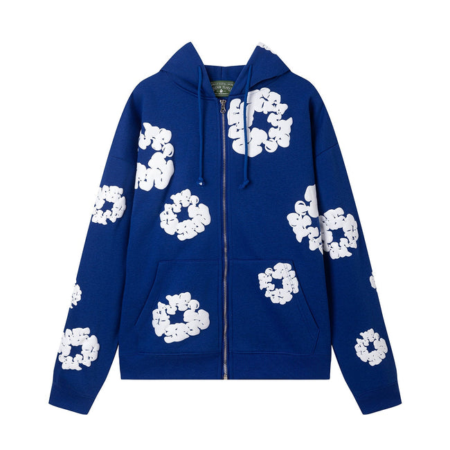 "Denim Tears" Royal Blue Floral Pattern Full-Zip Hoodie Hover Image