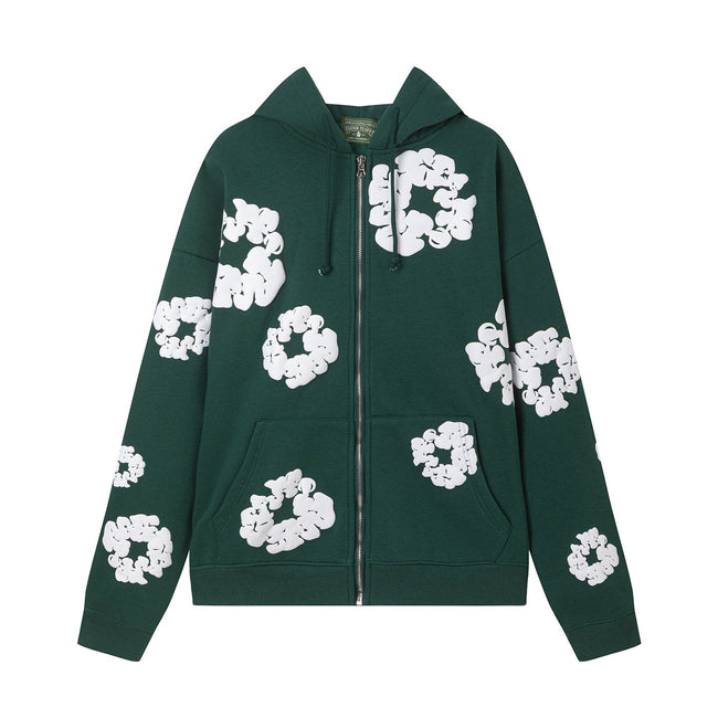 "Denim Tears" Dark Green Floral Pattern Full-Zip Hoodie Hover Image