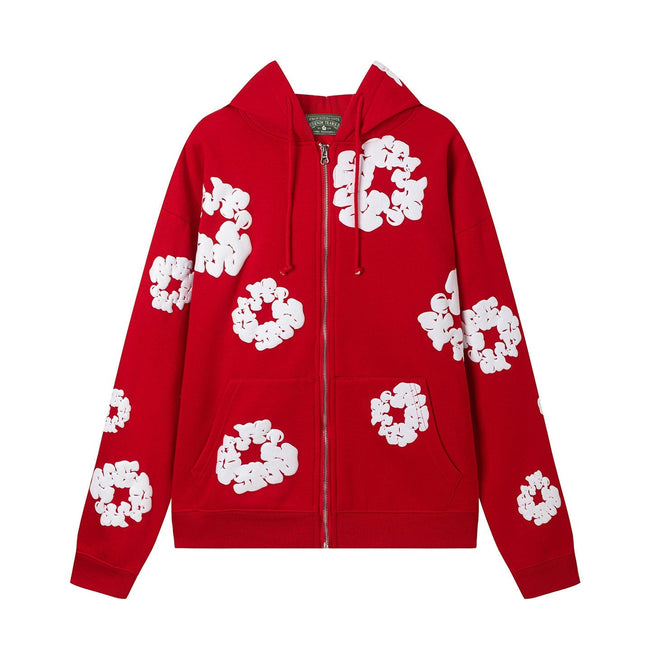 "Denim Tears" Red Floral Pattern Full-Zip Hoodie Hover Image