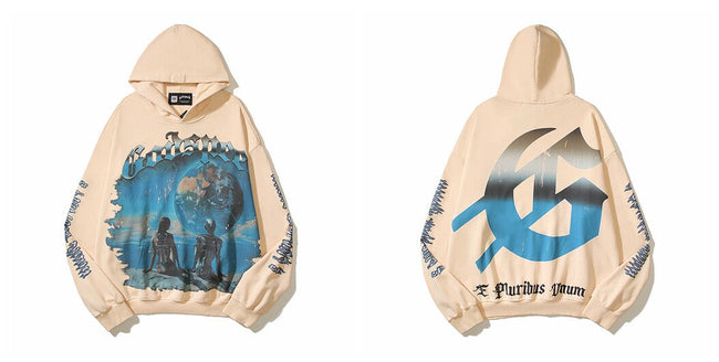 Vintage "Godspeed" Earth Graphic Oversized Beige Hoodie Hover Image