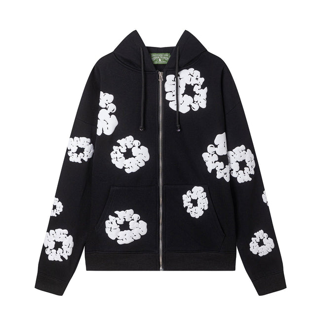 "Denim Tears" Black Floral Pattern Full-Zip Hoodie Hover Image