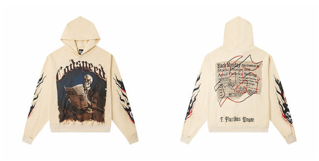 Vintage "Godspeed" Black Monday Newspaper Skull Oversized Beige Hoodie Hover Image