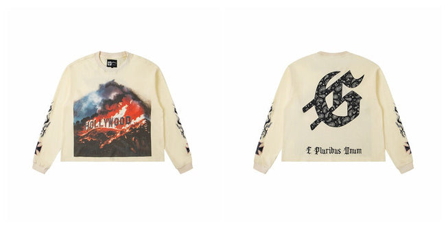 Godspeed "E Pluribus Unum" Burning Hollywood Sign Graphic Beige Long Sleeve Tee Hover Image