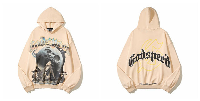 Vintage "Godspeed" Pyramid Skull Oversized Beige Hoodie Hover Image