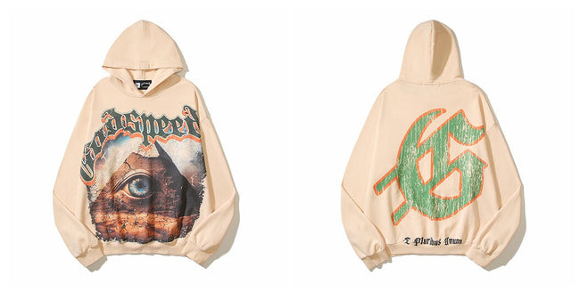 Vintage "Godspeed" All-Seeing Eye Pyramid Oversized Beige Hoodie Hover Image