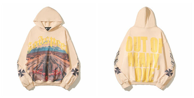Vintage "Godspeed" Desert Biker Oversized Beige Hoodie Hover Image