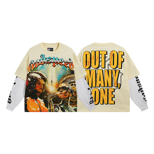 Godspeed "Out of Many, One" Futuristic Sci-Fi Graphic Beige Layered-Look Long Sleeve Tee Hover Image