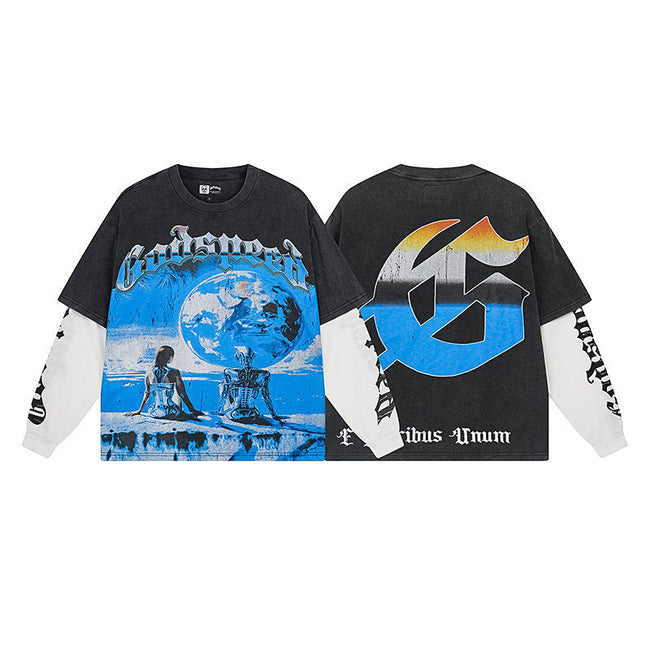 Godspeed "E Pluribus Unum" Globe and Figures Black Layered-Look Long Sleeve Tee Hover Image