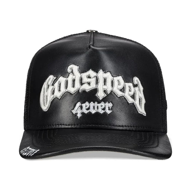 Godspeed Forever Black Leather Trucker Hat Hover Image